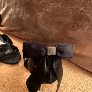 Black satin leather dress sandals with zip up back and bow